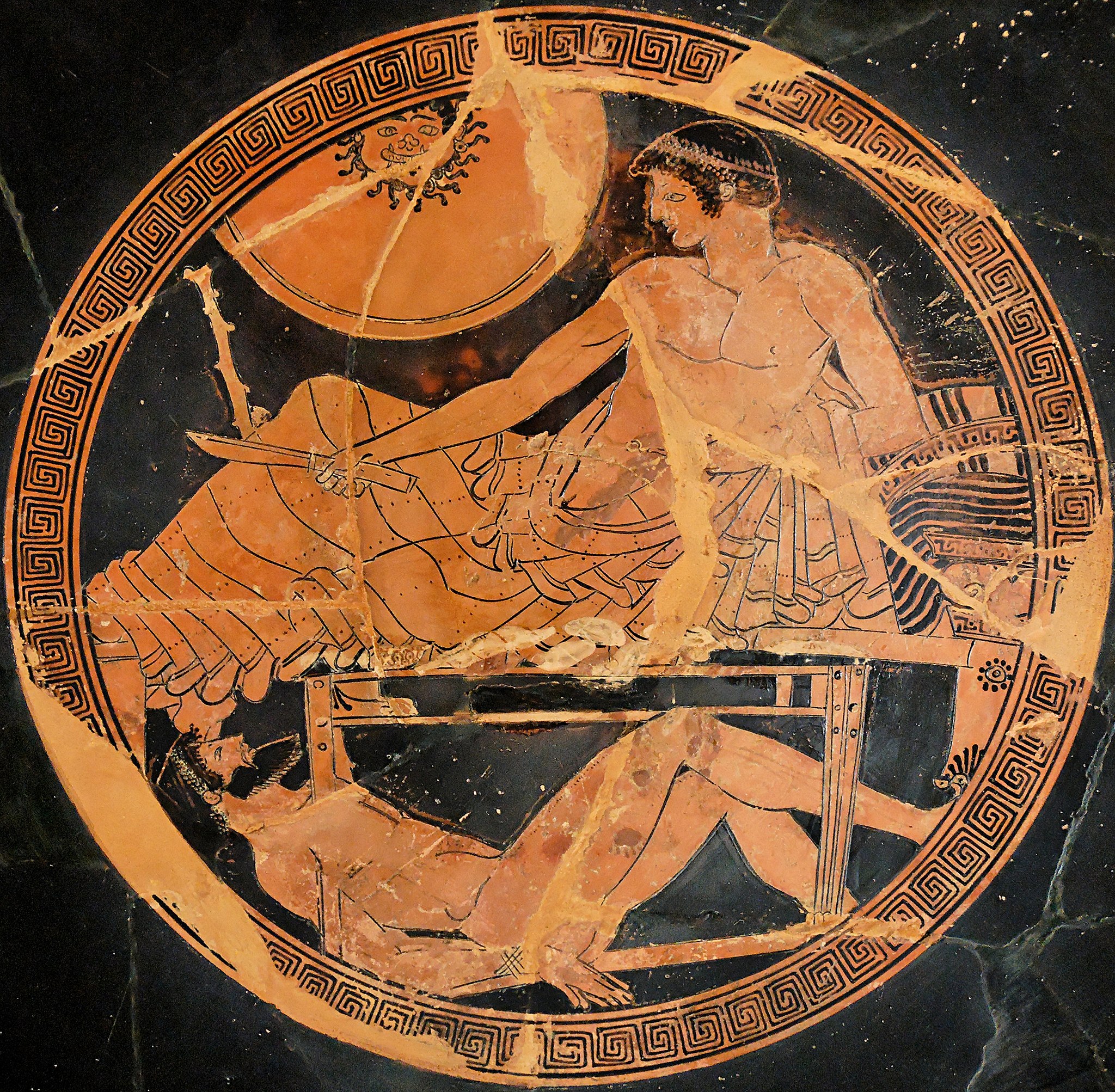 Achilles, unarmoured but holding a knife, reclines on a bench. The body of Hector, nude, lies on the ground beneath him.