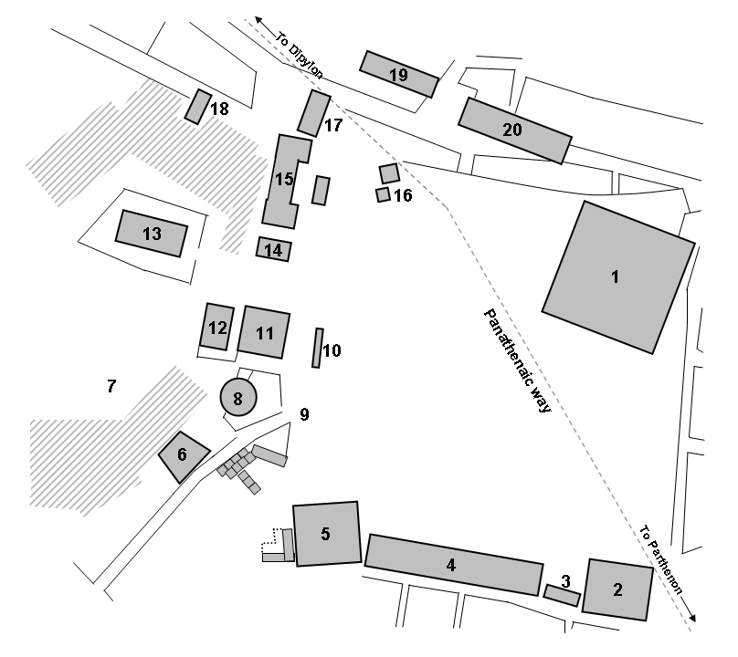 Plan of the Athenian Agora. Buildings are arranged ina square around the Agora, and the Panathenaic way runs diagonally through the square.