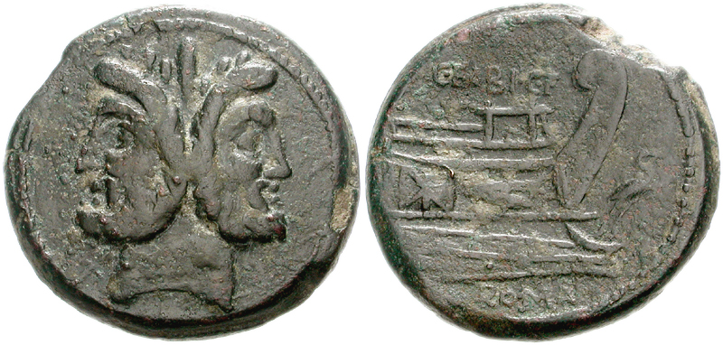 Silver coin, two-headed head of Janus, each head facing opposite directions on the obverse, the prow of a galley with a stork on the reverse