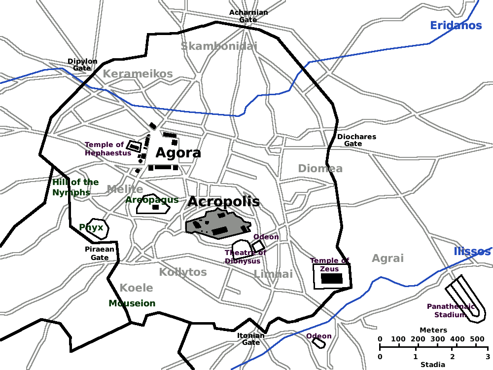 Map of Athens, showing major buildings, as well as the Ilissos river (to the south) and Eridamos river (to the north) running east-west through Athens. The Agora, with temple of Hephaestus by it, the Acropolis, and the Areopagus are at the centre of the city. South of the Acropolis, the theatre of Dionysus and the Odeon. At the far south, a large temple of Zeus. To the west, the Phyx. The panathenaic stadium is south, outside the city.