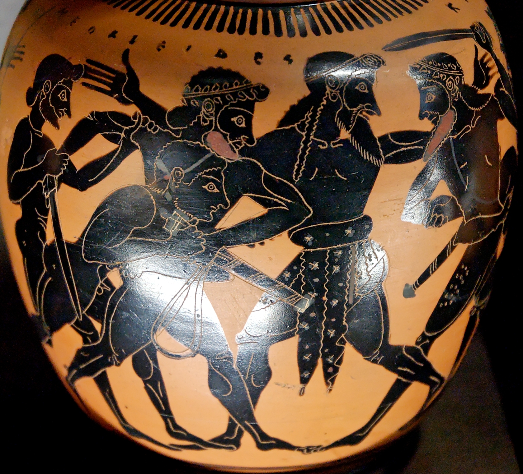 Agamemnon stands between Ajax and Odysseus, who lunge at each other. Two other warriors also grab at them, either holding back or participating in the fight.