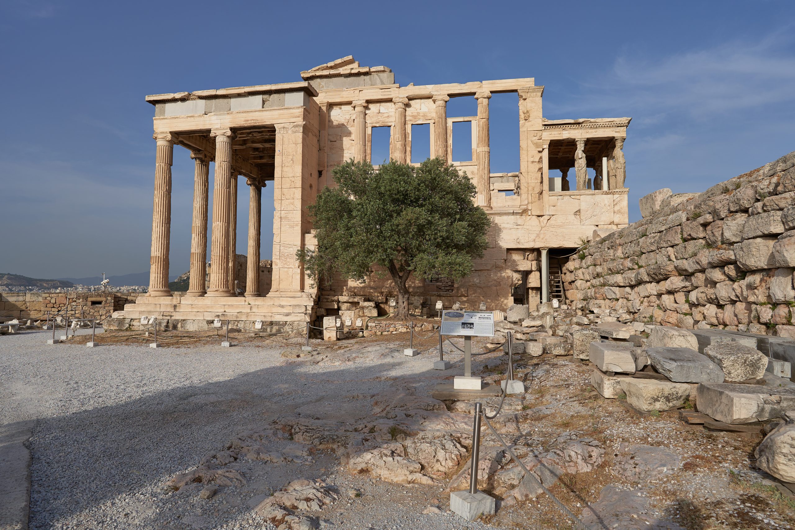 Archaeological remains of the Erechtheion. The side view shows the columned portico and two-story columned building. An olive tree stands out front.