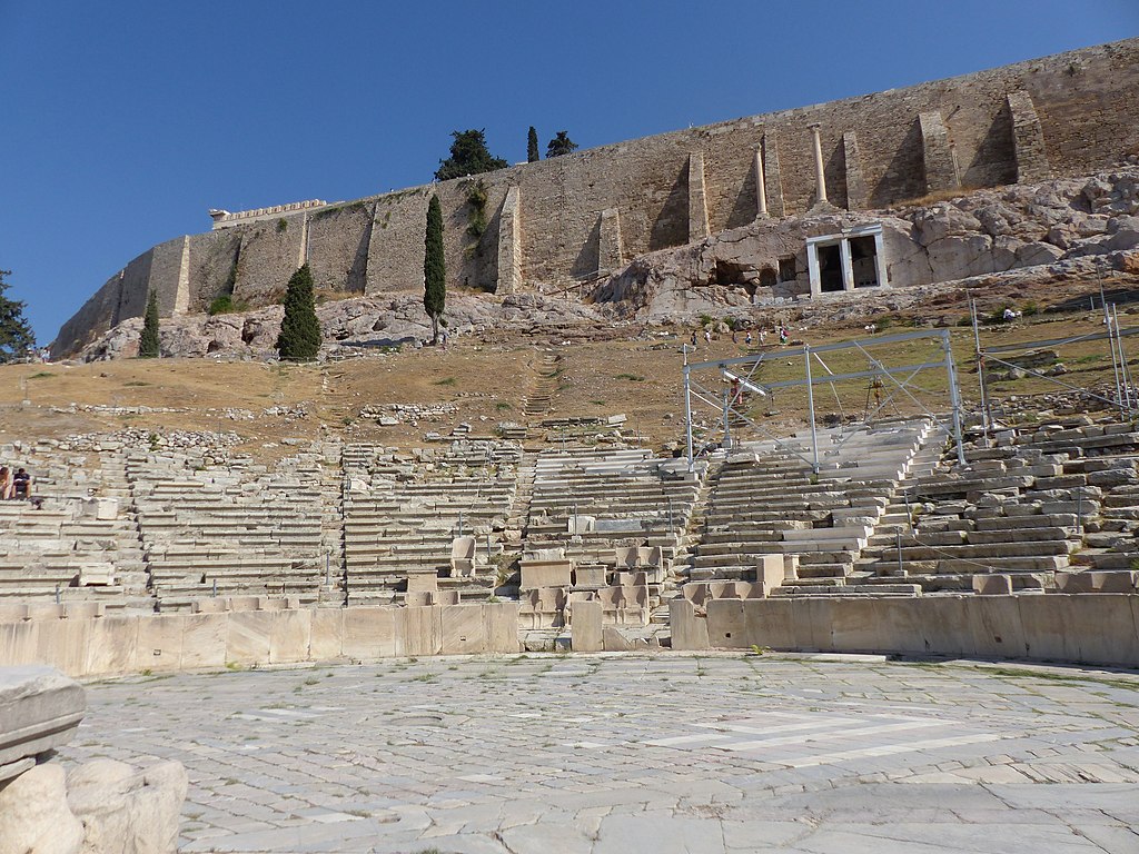 Archaeological remains of the semi-circular theatre seating of the theatre of Dionysus.