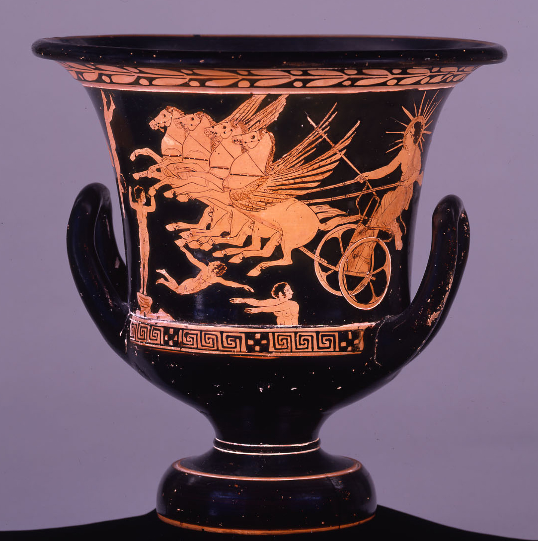 Helios, with rays of the sun like a halo around his head, stands in a chariot pulled by four winged horses. Four young boys, representing the stars, swoop around in front of the chariot.