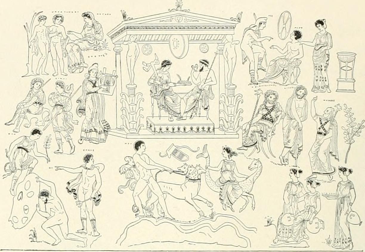 Persephone and Hades sit in a temple structure eating a feast. Around them are scenes from the Underworld: veiled Megara sitting with her two sons; Orpheus with a lyre; 2 Erinyes; Sisyphus pushing his boulder; Hermes with Heracles leading Cerberus; 3 Danaids carrying water; the judges of the dead; and Pelops, Myrtilos, and Hippodamia with a chariot wheel.