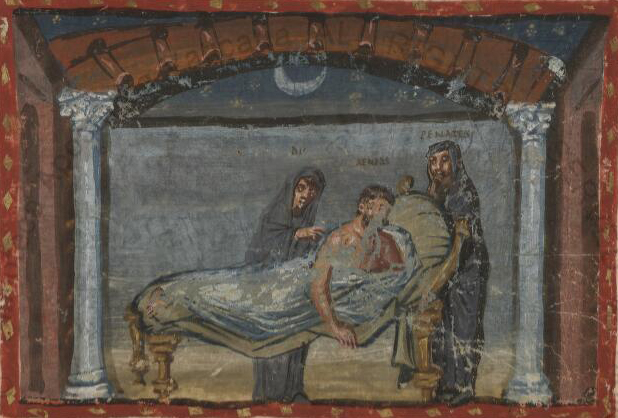Landscape perspective wall painting. Red border with a row of evenly spaced gold diamonds in the red. Nighttime scene. Male figure (Aeneas) lies on a bed with four ornate, golden legs, covered in a light blue blanket. He is half sitting up in bed, bare chest exposed, right arm out of covers, looking towards the viewer. The bed is between two Corinthian colums, A crescent moon hangs in the sky over the entablature of the columns. Two male figures in dark, greyish-blue cloaks stand behind the bed. One reaches a hand towards Aeneas. Above the figure on the right, Roman capitol letters read "Penates."