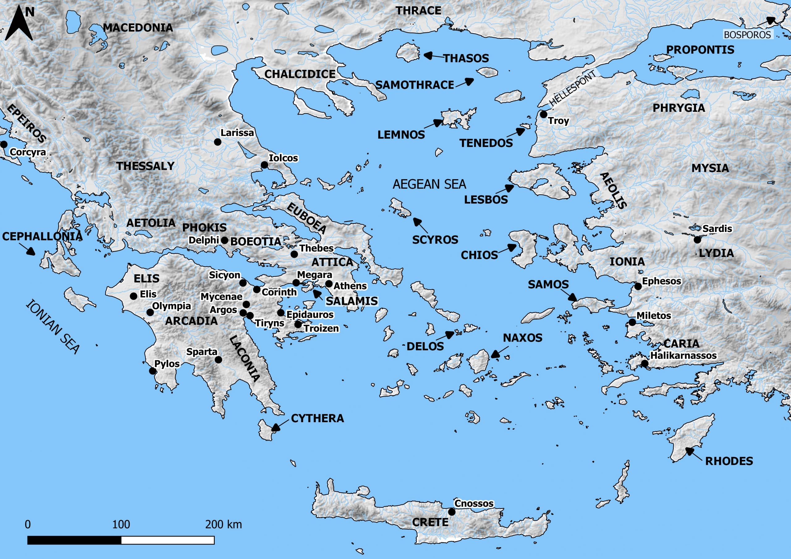 A map of the area around the Aegean sea, including mainland Greece, Crete, and western Turkey.