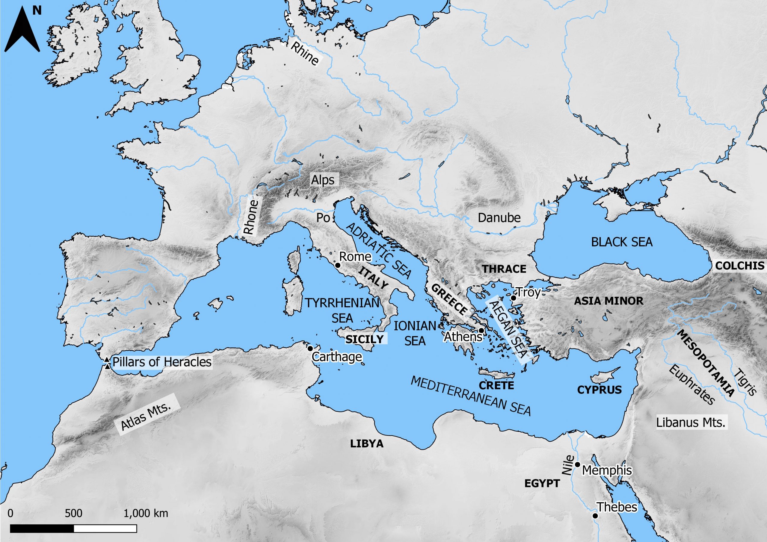 A map of the regions around the Mediterranean sea and Black sea, including North Africa, Europe, and West Asia.
