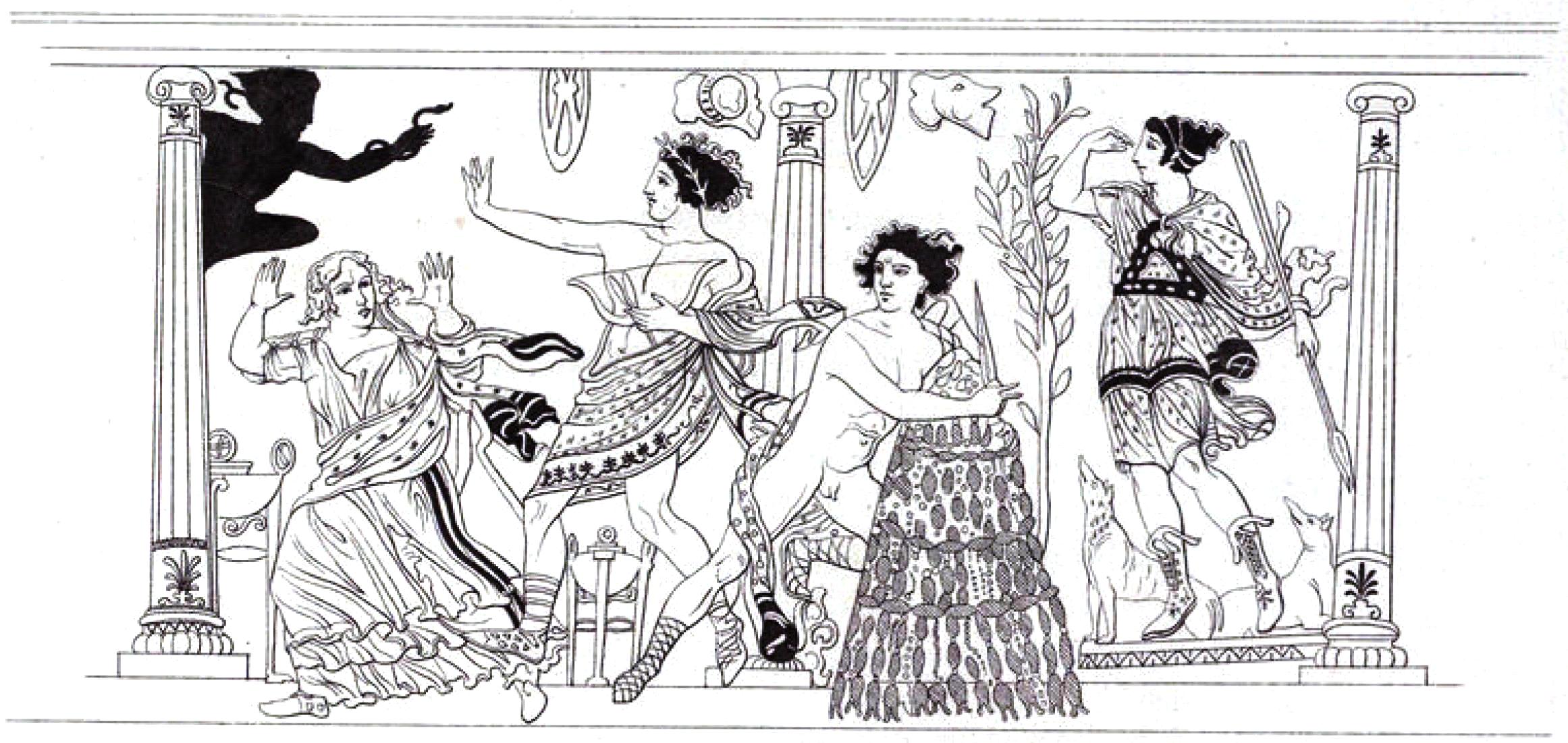 Orestes, nude and holding a knife, hangs on to the omphalos. Artemis, accompanied by two hounds, stands to his right. Apollo, to the left, chases away a Fury. The oracle, a robed woman, flees.