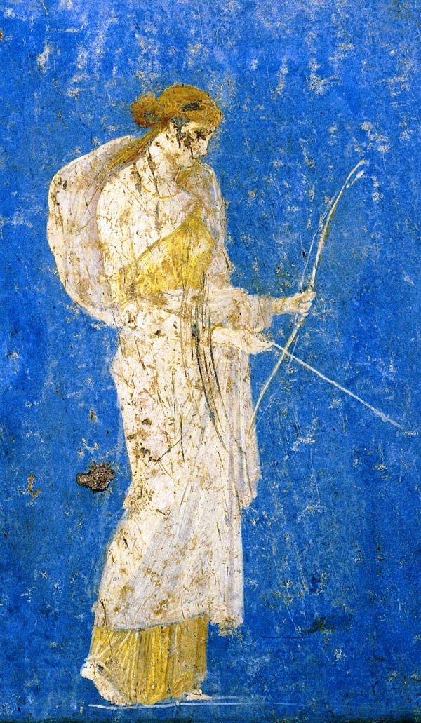 Diana as a young woman in a long gown, holding a bow and arrow.