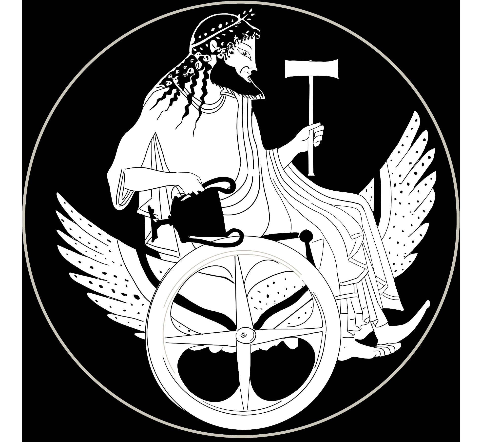 Hephaestus, bearded and wearing a laurel crown and toga, sits in a winged two-wheel chariot. He holds a cup in one hand and a hammer in the other.