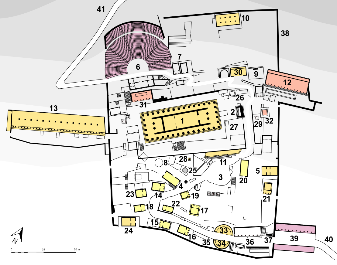Plan of the sanctuary of Apollo, showing archaeological remains of structures: at the centre, the temple of Apollo. North-west: the theatre. West: a large stoa. East: a second stoa. The sacred way enters the sanctuary from the sourth-east.