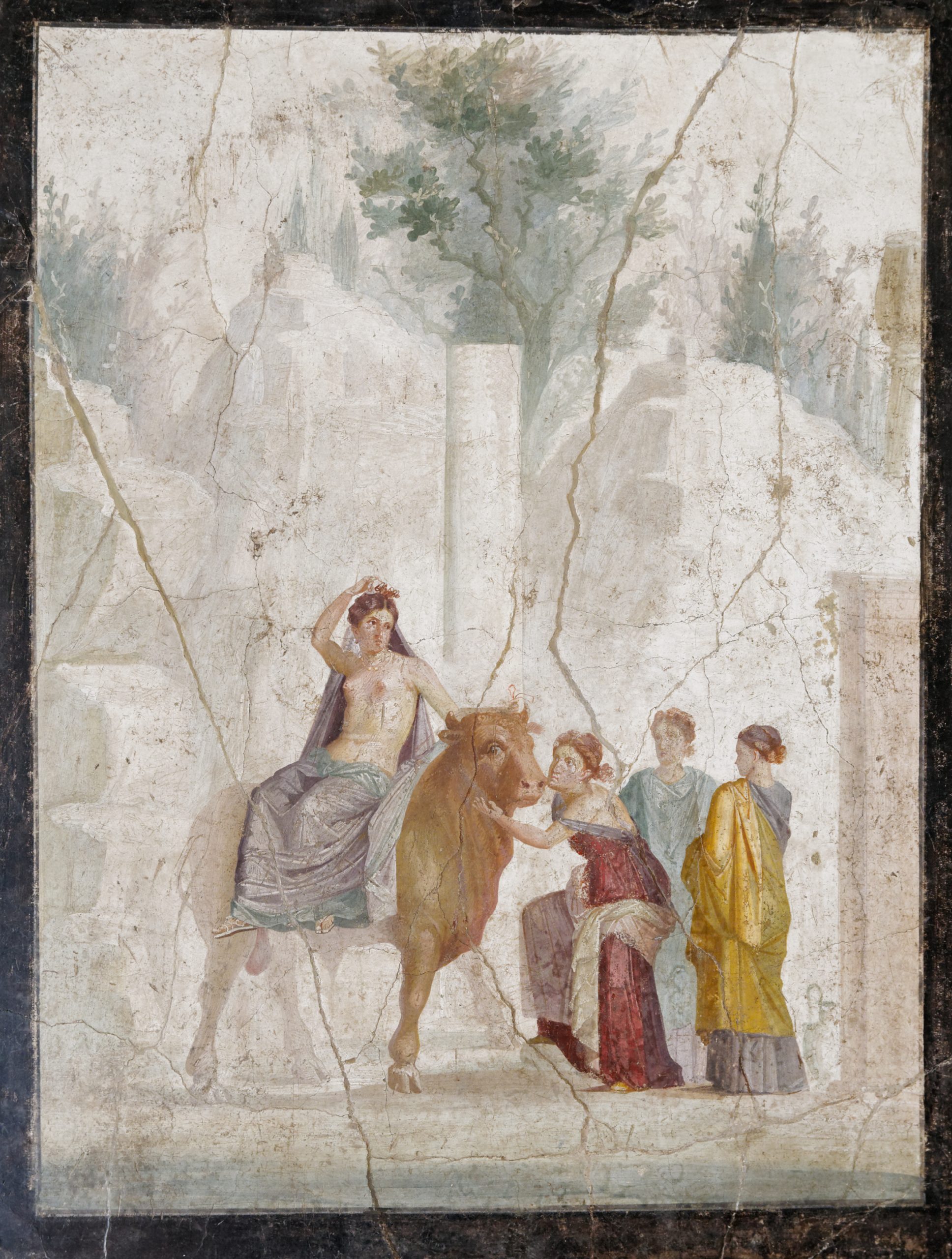 Europa, nude from the waist up, is seated on a golden bull. Three women watch, while one pets the bull.