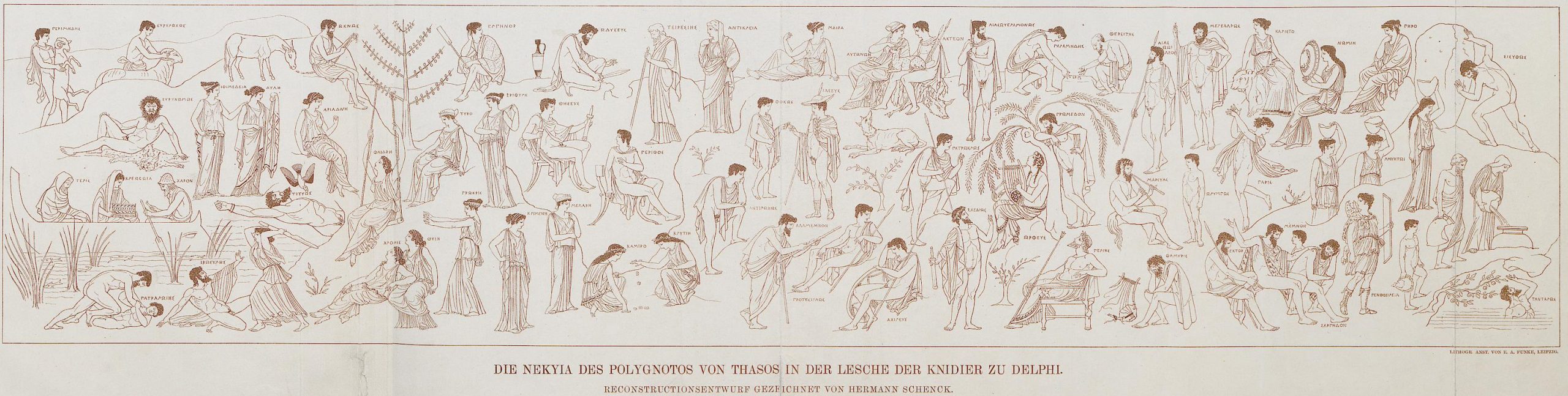 Line drawing of over 50 figures in different scenes of the Underworld, including Sisyphus pushing his rock up the hill, Tityus having his organs eaten by a bird, Teiresias, Anticleia, and Agamemnon. On the far left, Odysseus' crew members bring animals to be sacrificed.