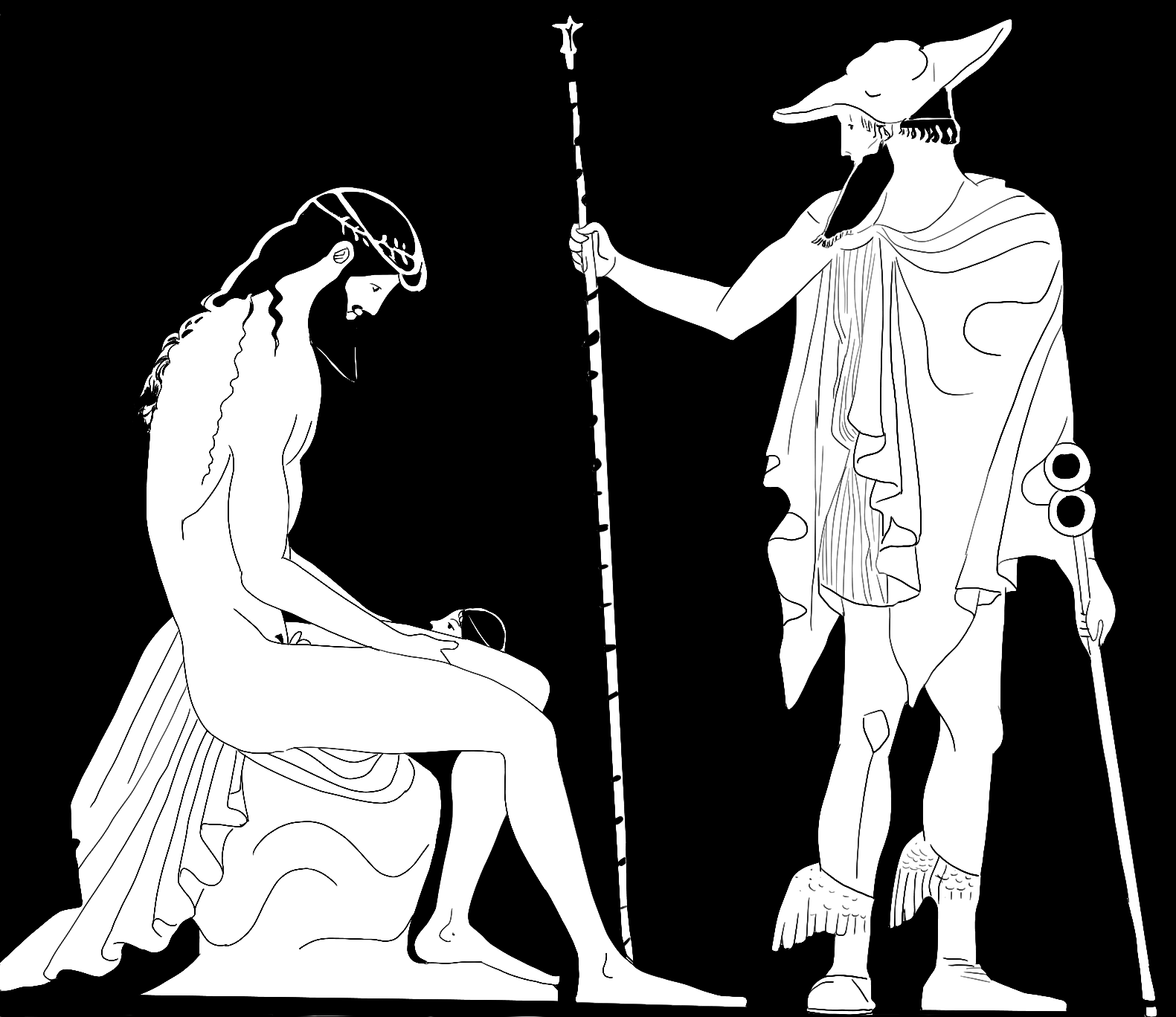Zeus, nude, sits with the head of child Dionysus emerging from his thig. Hermes stands by, holding a sceptre and caduceus, and wearing chlamys, petasos, and winged boots.