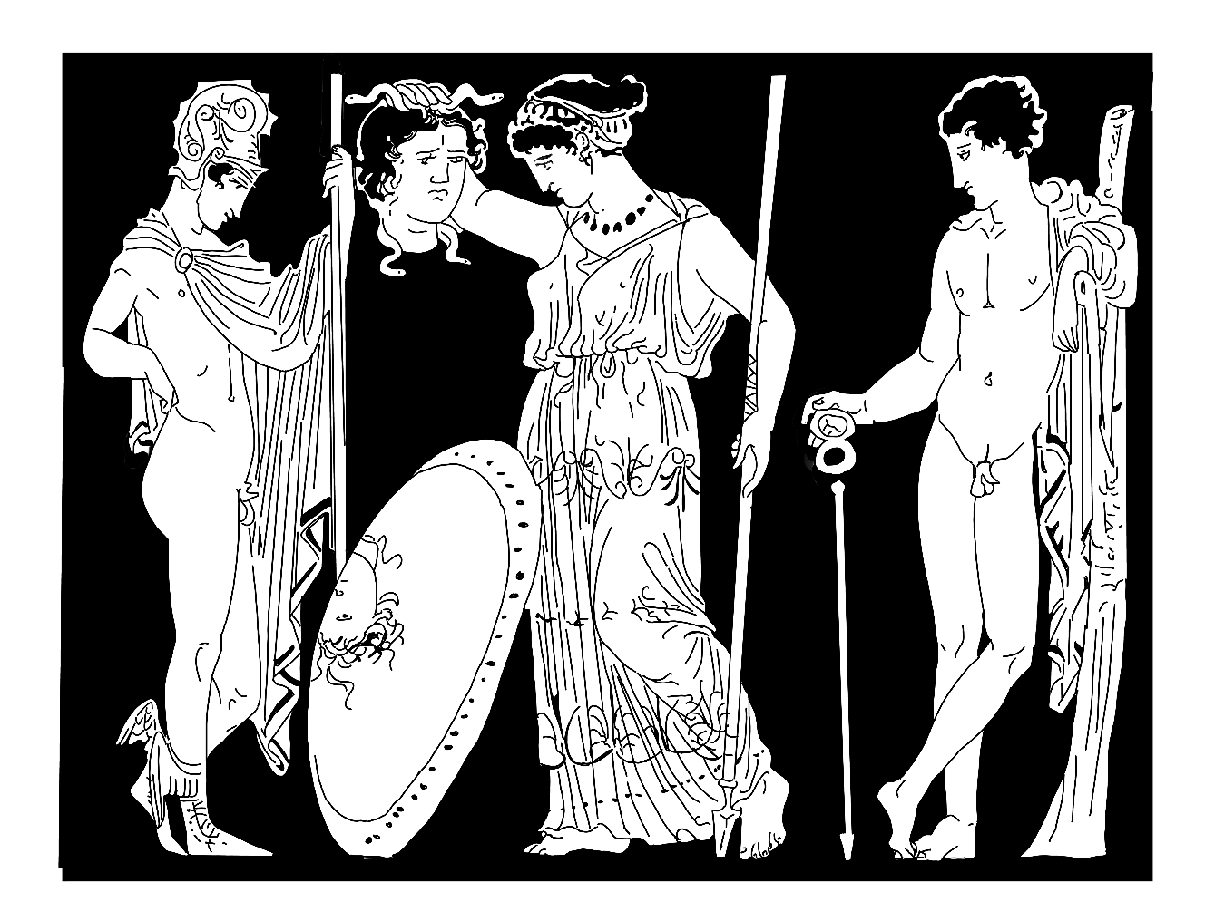 Perseus, nude with chlamys cape, curly helm, and winged boots, stands holding a spear. Athena stands next to him holding the head of Medusa. She wears a chiton and carries a spear, and her shield with gorgoneion is propped up beside her. Hermes, nude holding a cadduceus, stands on the right leaning on a tree.