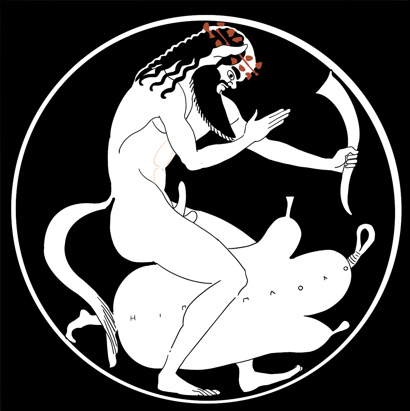 A satyr, nude and ithyphallic with a laurel crown and holding a horn, sits on a large wineskin.