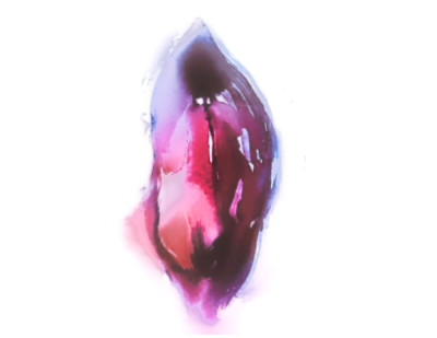Abstract painting of a vagina in hues of pink and purple.