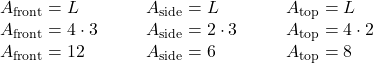 \begin{array}{ccccccc}{A}_{\text{front}}=L\timesW\hfill & & & {A}_{\text{side}}=L\timesW\hfill & & & {A}_{\text{top}}=L\timesW\hfill \\ {A}_{\text{front}}=4\cdot3\hfill & & & {A}_{\text{side}}=2\cdot3\hfill & & & {A}_{\text{top}}=4\cdot2\hfill \\ {A}_{\text{front}}=12\hfill & & & {A}_{\text{side}}=6\hfill & & & {A}_{\text{top}}=8\hfill \end{array}