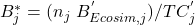 B_j^* = (n_j \ B_{Ecosim,j}^{'}) / TC_j^{'}\tag{9}