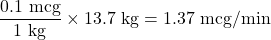 \dfrac{\text{0.1 mcg}}{\text{1 kg}}\times\text{13.7 kg} = \text{1.37 mcg/min}
