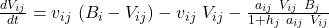 \frac{dV_{ij}}{dt}=v_{ij} \ (B_i-V_{ij})-v_{ij} \ V_{ij}-\frac{a_{ij} \ V_{ij} \ B_j}{1+h_j \ a_{ij} \ V_{ij}}\tag{1}