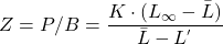 \begin{equation*} Z=P/B=\frac{K \cdot (L_{\infty}-\bar L)}{\bar L-L^{'}} \end{equation*}