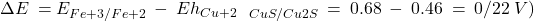  \Delta E\:=E_{Fe+3/Fe+2}\:-\:Eh_{Cu+2}\:\:\:_{CuS/Cu2S}\:=\:0.68\:-\:0.46\:=\:0/22\:V)