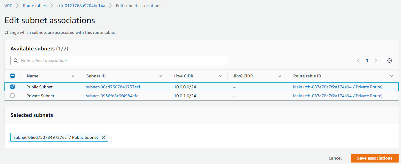 Step5 – Associate Public Subnet to Public Route