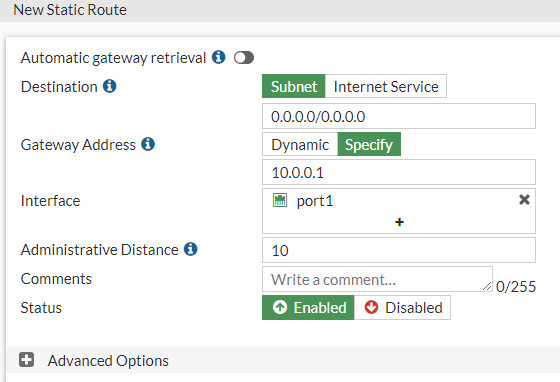 Set a default gateway via 10.0.0.1