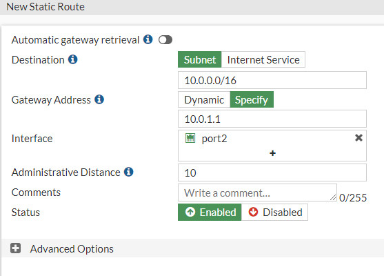 Create a static route to 10.0.0.0/16 network via 10.0.1.1