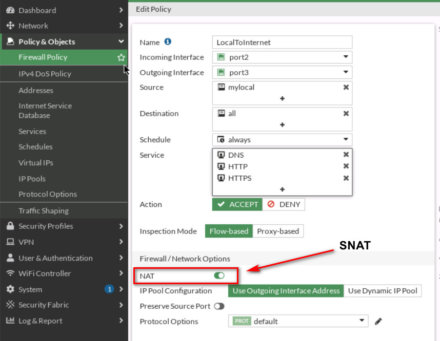 Configure Firewall Policy and enable NAT