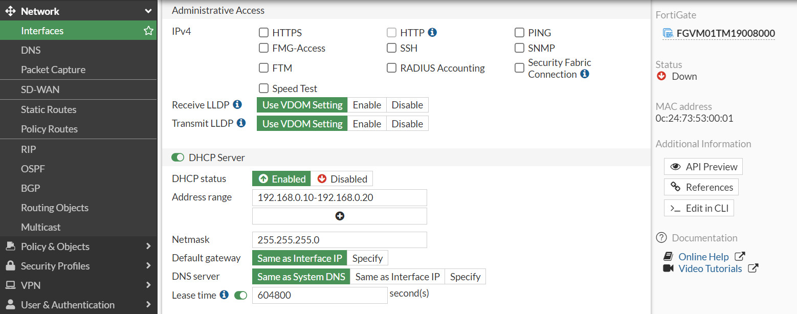 Set a DHCP server on interface port2 (Range of IP address should be: 192.168.0.20- 192.168.0.30, DNS: 4.2.2.4)