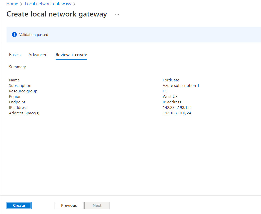 Step 3- create a local network gateway (review + create)