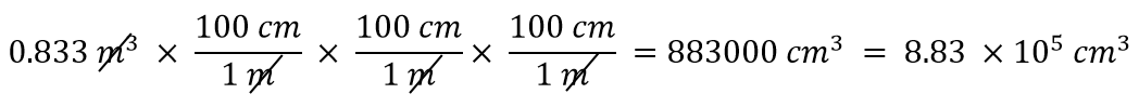 0.883m^3 x (100cm/1m) x (100cm/1m) x (100cm/1m) = 883000 cm^3