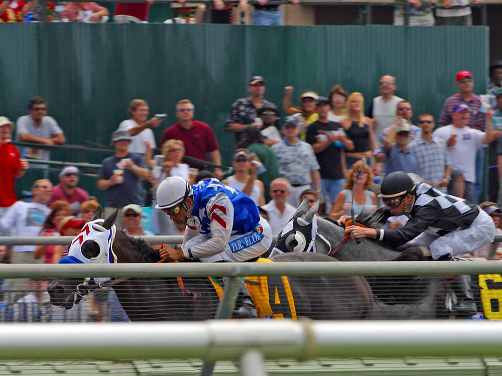 Two racehorses running toward the left.