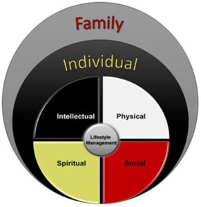 Image of a medicine wheel showing the 4 sections as physical, spiritual, emotional, and intellectual. Encompassed in individual and family circles.