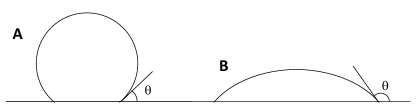 Two diagrams labeled A and B showing curved objects in contact with a horizontal surface. A: full circle with tangent forming angle θ at bottom right contact point. B: semicircle with similar tangent and angle θ at contact point. Illustrates geometric comparison of curvature and contact angle.