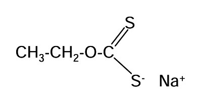 Chemical structure of sodium ethyl xanthate showing ethyl group (CH₃–CH₂–O–), bonded to a carbon atom double-bonded to sulfur and single-bonded to a negatively charged sulfur ion. The negative sulfur is ionically bonded to a sodium ion (Na⁺).