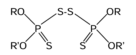 Chemical structure of a thiophosphate compound with two phosphorus atoms, each bonded to a sulfur atom and two alkoxy groups (RO, R'O and OR, OR'). The phosphorus atoms are connected by a disulfide bridge (S–S).