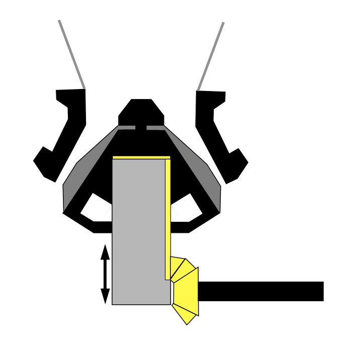Labelled diagram of a cone crusher, arrows indicate oscillating vertical movement to crush the material to a size able to pass through set.