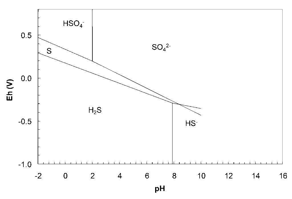 Pourbaix diagram for sulfur species showing stability regions of H₂S, HS⁻, elemental sulfur (S), HSO₄⁻, and SO₄²⁻ across pH (−2 to 16) and electrode potential (Eh, −1.0 V to 1.0 V). HSO₄⁻, and SO₄²⁻ regions at high Eh, boundary at pH 2, H₂S and HS⁻ regions at mid to low pH, boundary at pH 7.9. Elemental sulphur between. Boundaries between regions represent equilibrium transitions.