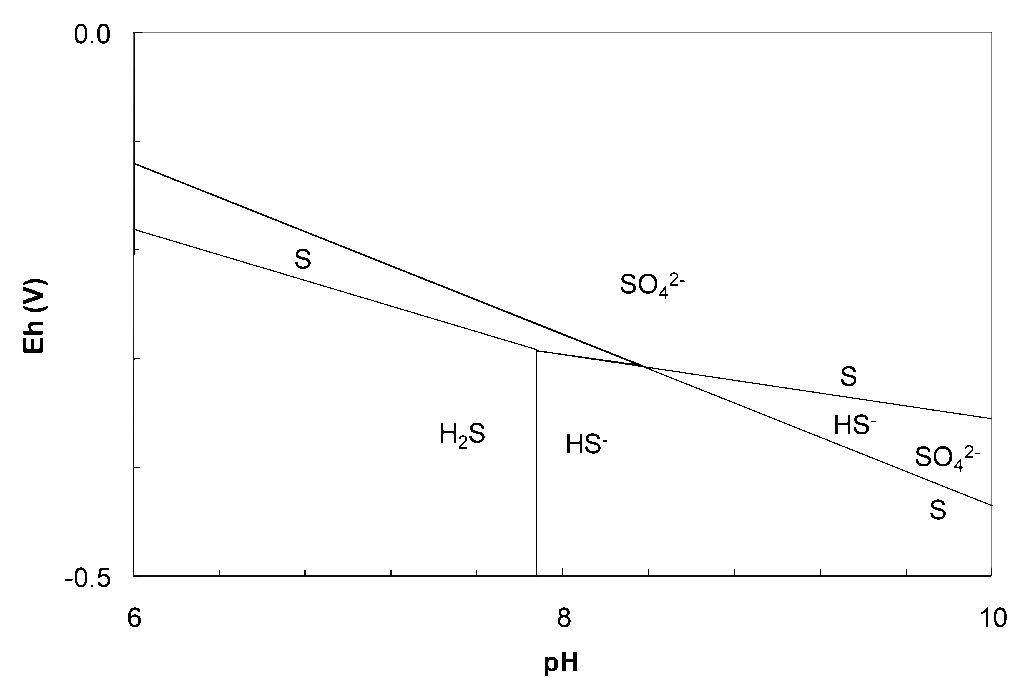 Pourbaix diagram for sulfur species showing stability regions of H₂S, HS⁻, elemental sulfur (S), and SO₄²⁻ across pH (6 to 10) and electrode potential (Eh, −0.5 V to 0.0 V). H₂S and HS⁻ regions at low Eh boundary at pH 7.9, elemental sulphur and SO₄²⁻ above. Lines past intersection of SO₄²⁻ and HS⁻ drawn to show multiple dominant species in a region which does not make sense.