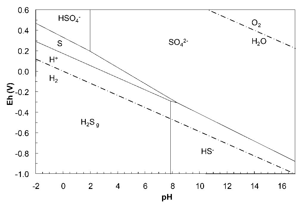 Pourbaix diagram for sulfur species showing stability regions of HSO₄⁻, SO₄²⁻, elemental sulfur (S), HS⁻, H₂S₉, and water redox boundaries (H⁺/H₂ and O₂/H₂O) across pH (−2 to 16) and electrode potential (Eh, −1.0 V to 1.0 V). HSO₄⁻, SO₄²⁻, and elemental sulfur dominate at high Eh, and HS⁻, H₂S₉ dominate at low Eh.