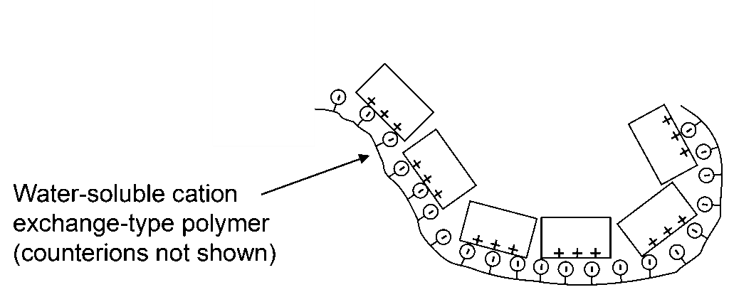 Illustration of a water‑soluble cation exchange‑type polymer. The polymer backbone is shown as a curved chain of repeating units, each with positively charged groups (plus signs) and circular cationic sites capable of exchanging cations in solution. Counterions are omitted.