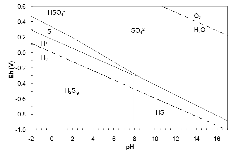Pourbaix diagram for sulfur species showing stability regions of HSO₄⁻, SO₄²⁻, elemental sulfur (S), HS⁻, H₂S₉, and water redox boundaries (H⁺/H₂ and O₂/H₂O) across pH (−2 to 16) and electrode potential (Eh, −1.0 V to 1.0 V). HSO₄⁻, SO₄²⁻, and elemental sulfur dominate at high Eh, and HS⁻, H₂S₉ dominate at low Eh.