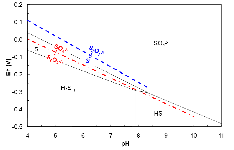 Pourbaix diagram for sulfur species showing stability regions of S (elemental sulfur), SO₄²⁻ (sulfate), SO₃²⁻ (sulfite), H₂S₈ (polysulfide), and HS⁻ (hydrosulfide) across pH (0 to 11) and electrode potential (Eh, −0.5 V to 1.0 V). Solid black lines mark species boundaries, red dash-dot lines indicate equilibrium transitions between sulfur compounds, and blue dashed lines represent water redox equilibria (O₂/H₂O and H₂/H₂O).
