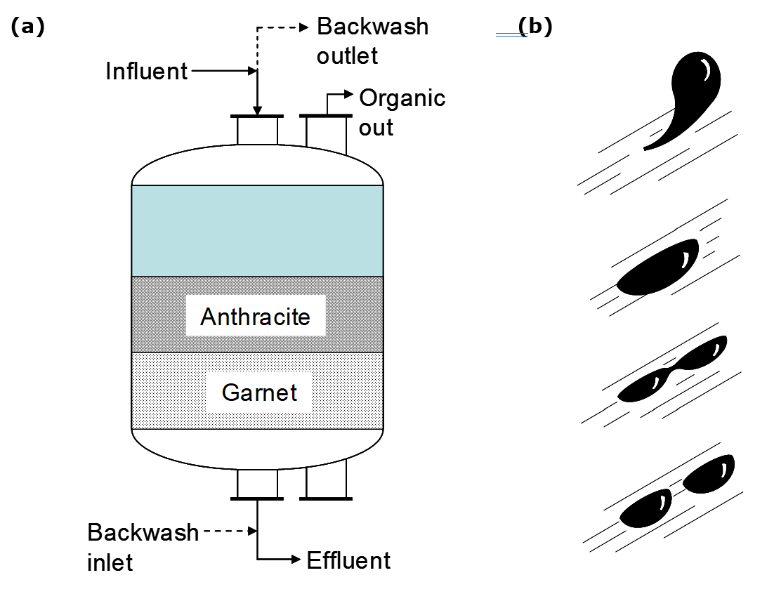 (A) Schematic of a dual‑media water filtration system showing influent entering from the top, passing through an anthracite layer and a denser garnet layer, with effluent exiting at the bottom. Includes backwash inlet at the base, backwash outlet at the top, and an organic outlet for separated materials. (B) Four‑frame sequence showing two liquid droplets on a flat surface merging over time. First frame: two separate droplets. Second: droplets touch and begin to bridge. Third: the bridge widens as the droplets merge. Fourth: a single larger droplet remains on the substrate.