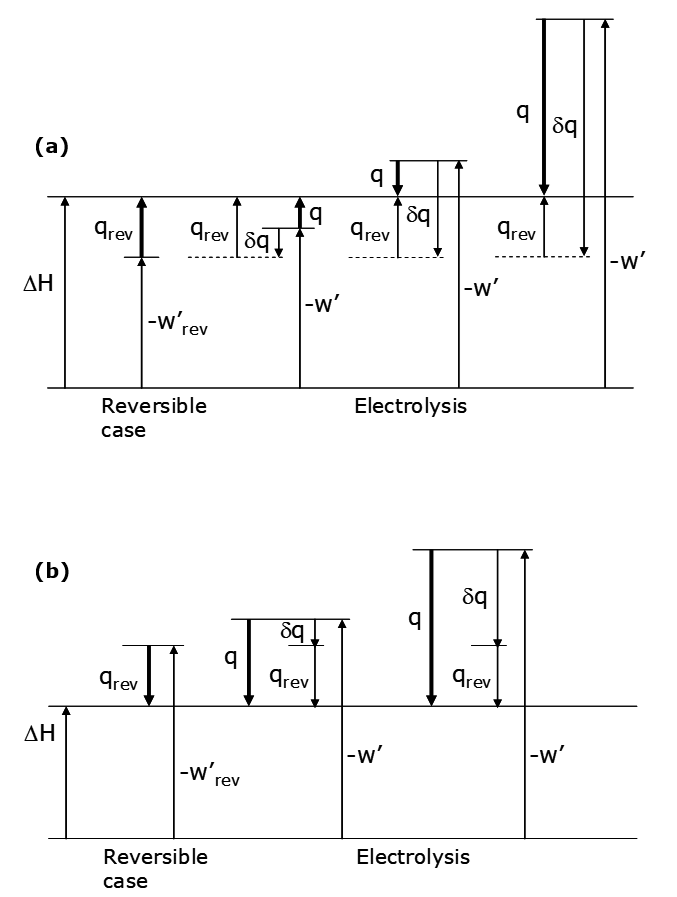 (A) Thermodynamic diagram comparing reversible and electrolysis cases. Both show total enthalpy change (ΔH) split into heat and work components: reversible case with q_rev and −w′_rev; electrolysis case with q_rev, additional heat δq, and different work −w′, highlighting extra heat input needed for electrolysis. (B) Thermodynamic diagram comparing reversible and electrolysis processes. Reversible case shows ΔH split into reversible heat (q_rev) and reversible work (−w′_rev). Electrolysis shows ΔH split into heat (q), additional heat (δq), and work (−w′), highlighting greater heat input and different work distribution in electrolysis.