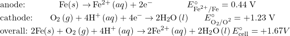 \begin{array}{}\\ \text{anode:}\hfill \text{Fe}\left(s\right)\phantom{\rule{0.2em}{0ex}}$\rightarrow$\phantom{\rule{0.2em}{0ex}}{\text{Fe}}^{2+}\left(aq\right)+2{\text{e}^-}^{\text{}}\hfill {E}_{{\text{Fe}}^{\text{2+}}\text{/Fe}}^{\circ} = \text{−0.44 V}\hfill \\ \text{cathode:} \hfill {\text{O}}_{2}\left(g\right)+4{\text{H}}^{\text{+}}\left(aq\right)+4{\text{e}^-}^{\text{}}\phantom{\rule{0.2em}{0ex}}$\rightarrow$\phantom{\rule{0.2em}{0ex}}2{\text{H}}_{2}\text{O}\left(l\right)\hfill {E}_{{\text{O}}_{2}{\text{/O}}^{2}}^{\circ} =\text{+1.23 V}\hfill \\ \text{overall:} \hfill \text{2Fe}\left(s\right)+{\text{O}}_{2}\left(g\right)+{\text{4H}}^{\text{+}}\left(aq\right)\phantom{\rule{0.2em}{0ex}}$\rightarrow$\phantom{\rule{0.2em}{0ex}}2{\text{Fe}}^{2+}\left(aq\right)+2{\text{H}}_{2}\text{O}\left(l\right)  \hfill \hfill  {E}_{\text{cell}}^{\circ} =\hfill +1.67 V\hfill \end{array}